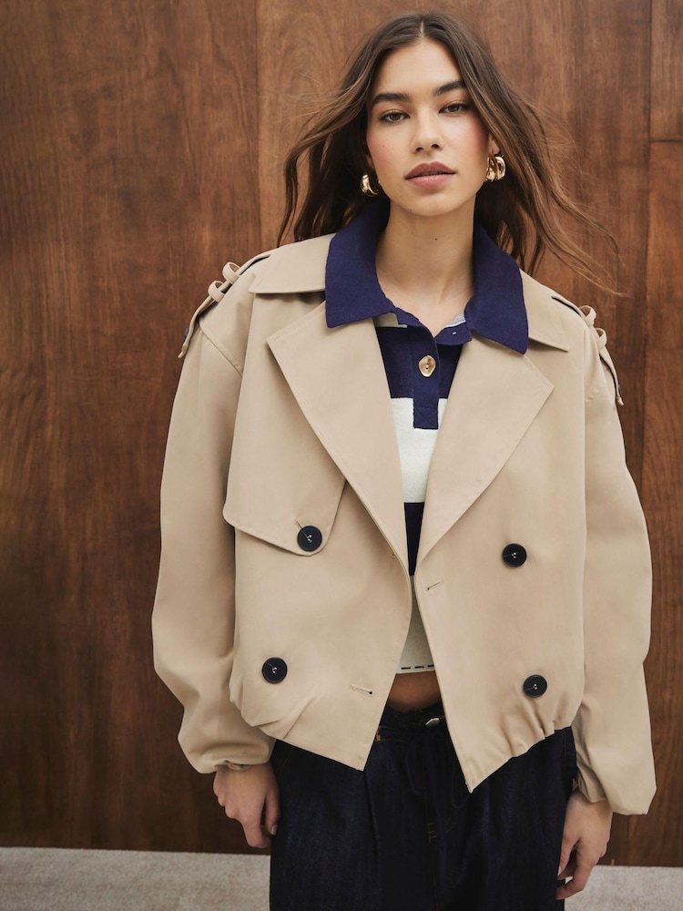 River Island Brown Cropped Bubble Hem Trench Coat - Image 1 of 5 River Island Brown Cropped Bubble Hem Trench Coat - Image 1 of 5