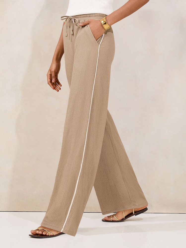 Lipsy Mocha Brown Crinkle Wide Leg Trousers - Image 1 of 4