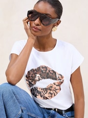 Lipsy White Sequin Lips Print T-Shirt - Image 1 of 4