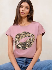 Lipsy Pink Sequin Graphic T-Shirt - Image 1 of 4