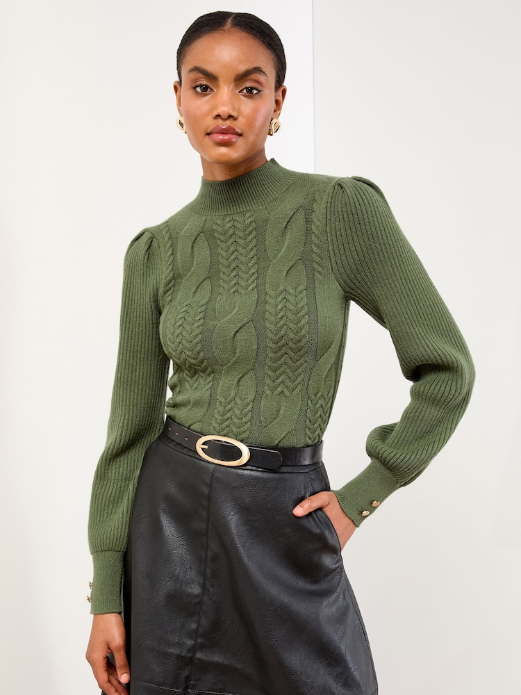 Lipsy Dark Green High Neck Cable Knit Blouson Sleeve Jumper - Image 2 of 4