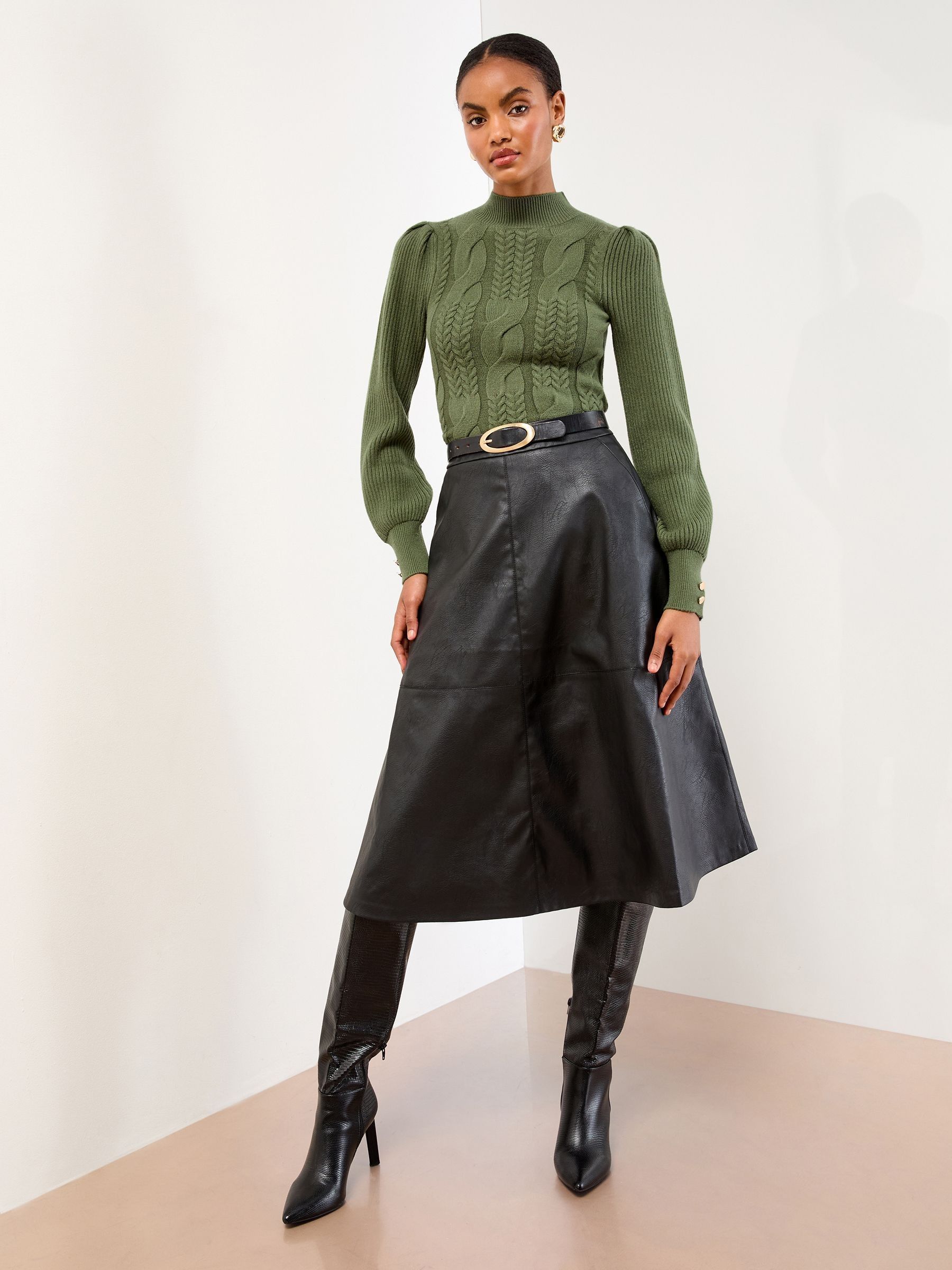 Buy Lipsy Olive Green High Neck Cable Knit Blouson Sleeve Jumper