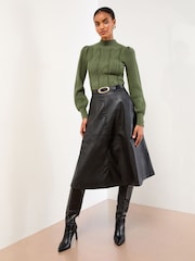Lipsy Dark Green High Neck Cable Knit Blouson Sleeve Jumper - Image 4 of 4
