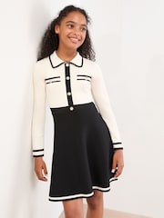 Lipsy White/Black Long Sleeve Knitted Shirt Dress (5-16yrs) - Image 3 of 5