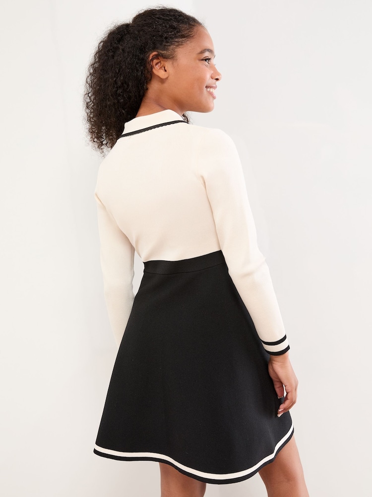 Lipsy White/Black Long Sleeve Knitted Shirt Dress (5-16yrs) - Image 5 of 5