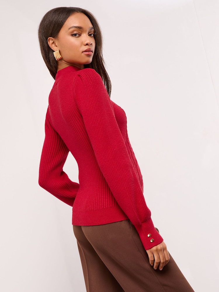 Lipsy Red High Neck Cable Knit Blouson Sleeve Jumper - Image 2 of 4 Lipsy Red High Neck Cable Knit Blouson Sleeve Jumper - Image 2 of 4