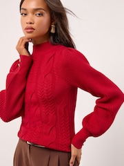 Lipsy Red High Neck Cable Knit Blouson Sleeve Jumper - Image 3 of 4