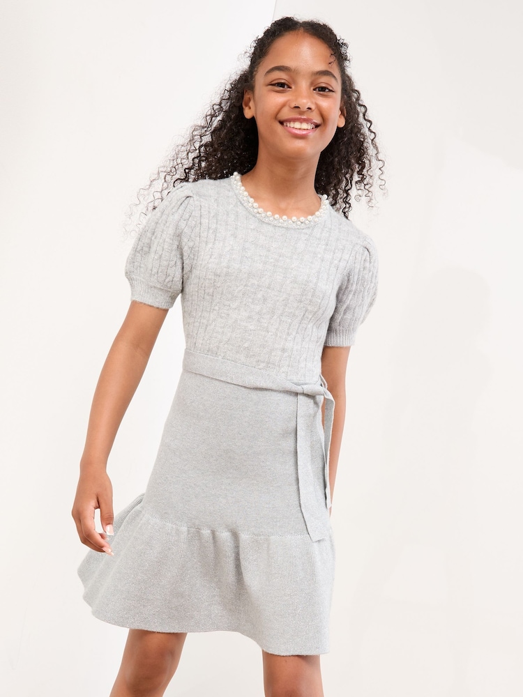 Lipsy Grey Embellished Short Sleeve Knit Dress (5-16yrs) - Image 1 of 4