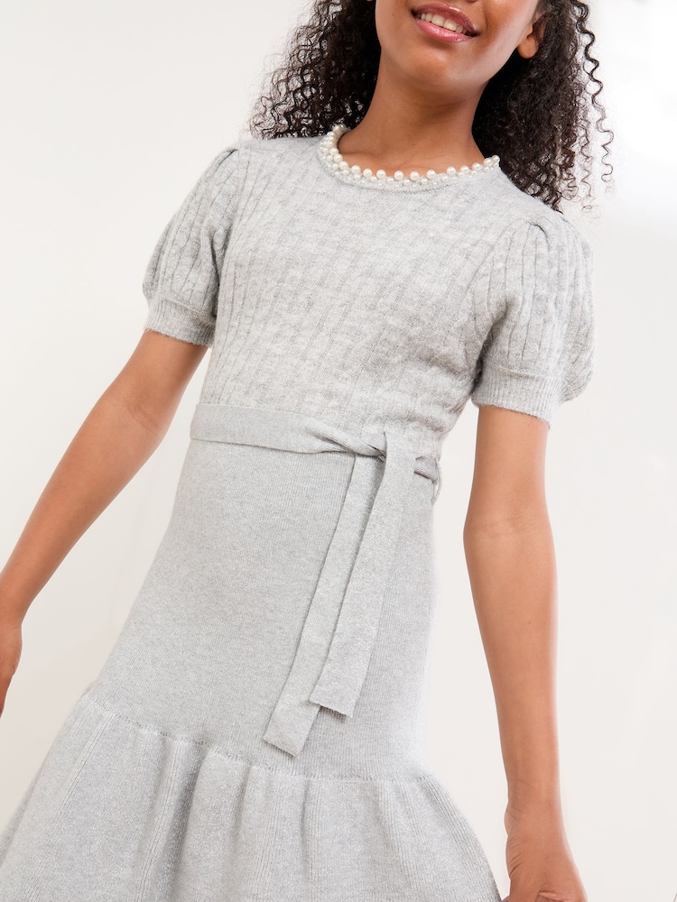 Lipsy Grey Embellished Short Sleeve Knit Dress (5-16yrs) - Image 4 of 4