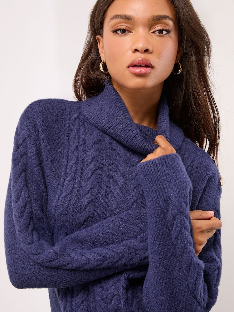 Lipsy Navy Cowl Neck Longline Cable Knitted Jumper - Image 1 of 4 Lipsy Navy Cowl Neck Longline Cable Knitted Jumper - Image 1 of 4