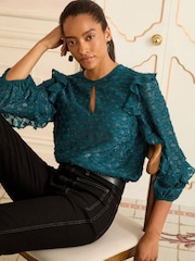 Love & Roses Teal Blue Crew Neck Metallic Long Sleeve Ruffle Blouse - Image 1 of 4