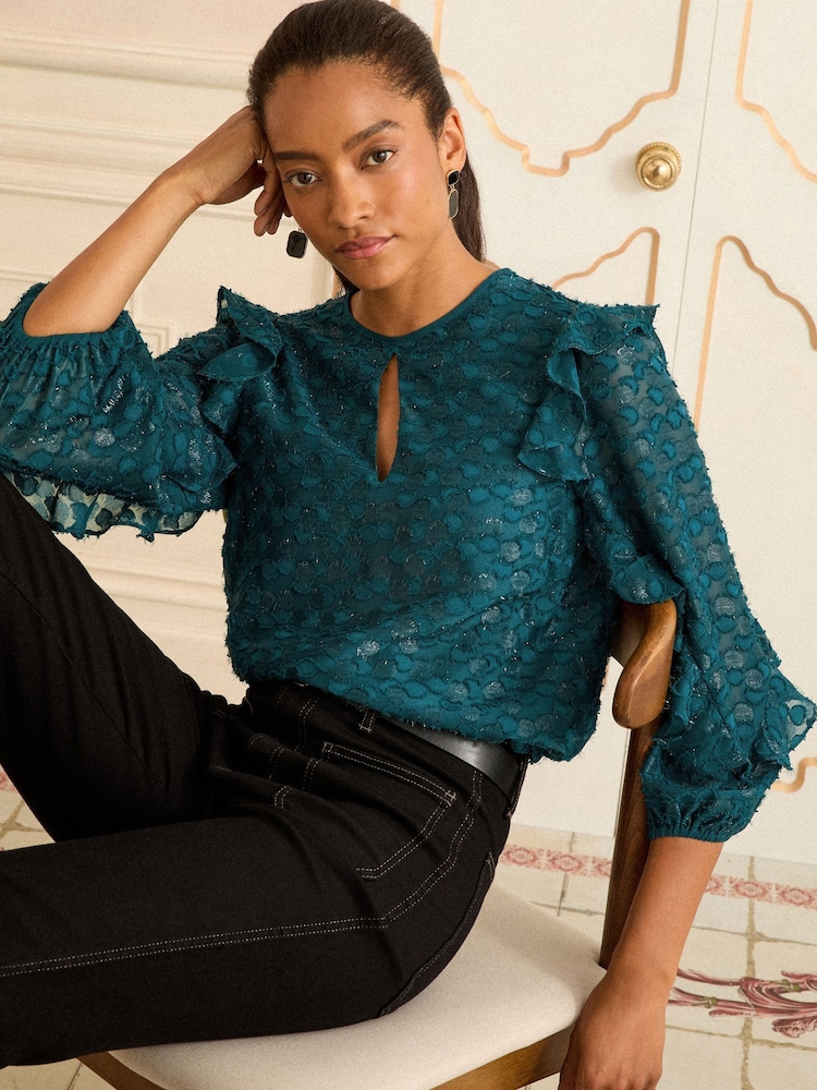 Love & Roses Teal Blue Crew Neck Metallic Long Sleeve Ruffle Blouse - Image 1 of 4