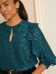 Love & Roses Teal Blue Crew Neck Metallic Long Sleeve Ruffle Blouse - Image 2 of 4