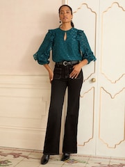 Love & Roses Teal Blue Crew Neck Metallic Long Sleeve Ruffle Blouse - Image 3 of 4