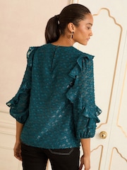 Love & Roses Teal Blue Crew Neck Metallic Long Sleeve Ruffle Blouse - Image 4 of 4