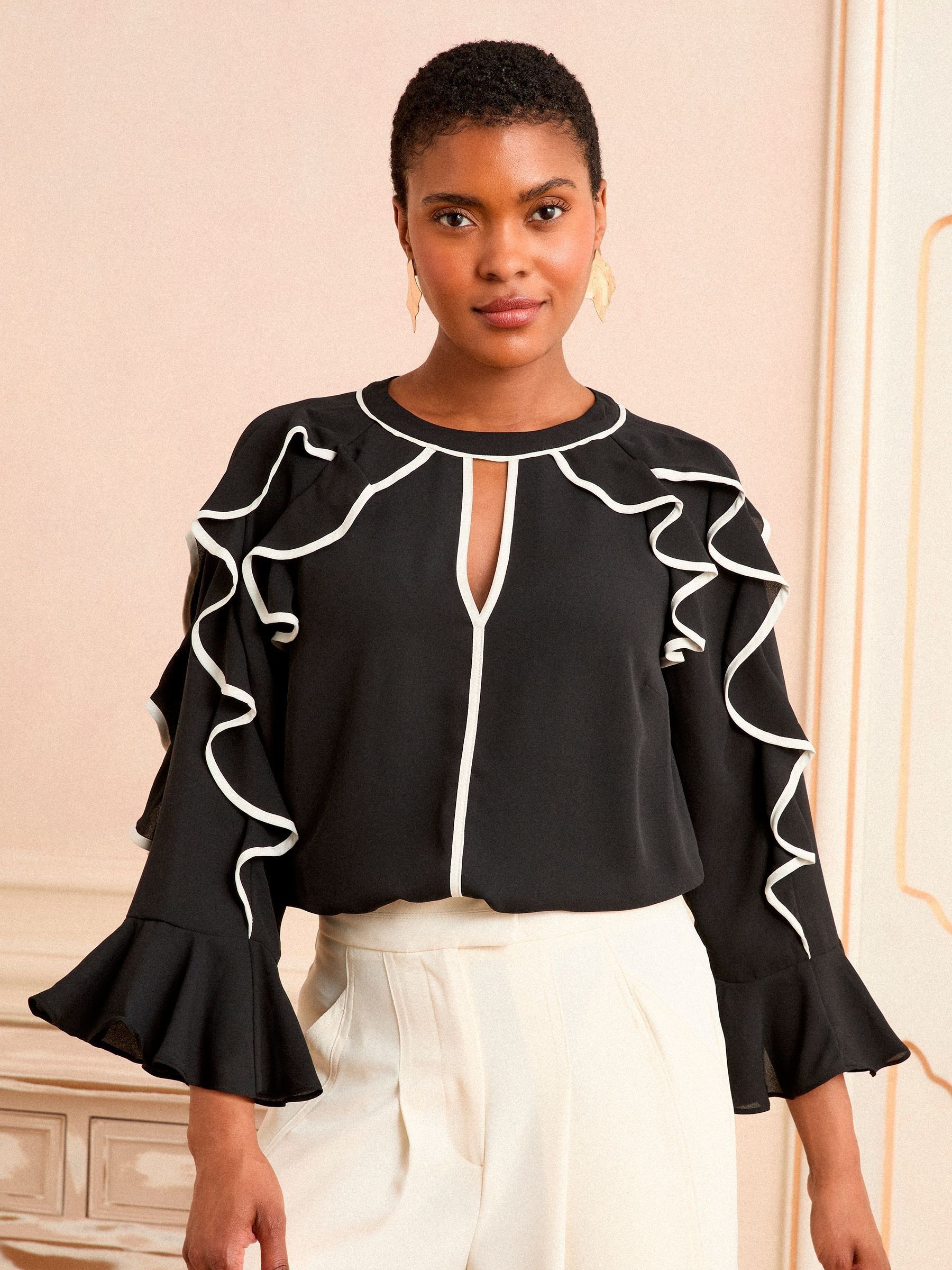 Love & Roses Black White 3/4 Ruffle Sleeve Crew Neck Blouse