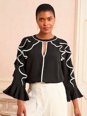 Love & Roses Black White 3/4 Ruffle Sleeve Crew Neck Blouse - Image 1 of 4