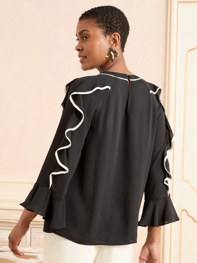 Love & Roses Black White 3/4 Ruffle Sleeve Crew Neck Blouse - Image 2 of 4