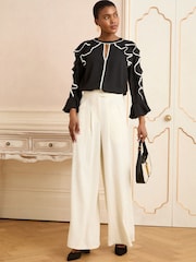 Love & Roses Black White 3/4 Ruffle Sleeve Crew Neck Blouse - Image 3 of 4
