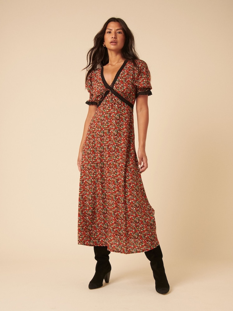 Nobodys Child Red Ditsy Floral Print Sophia Midi Dress - Image 1 of 5 Nobodys Child Red Ditsy Floral Print Sophia Midi Dress - Image 1 of 5