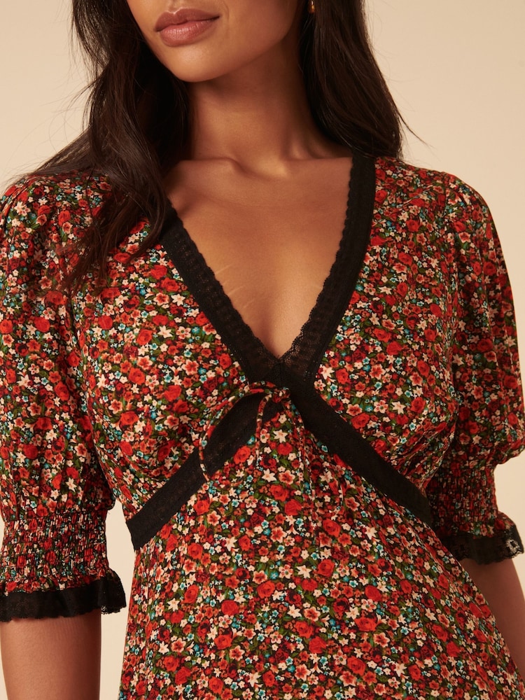 Nobodys Child Red Ditsy Floral Print Sophia Midi Dress - Image 5 of 5 Nobodys Child Red Ditsy Floral Print Sophia Midi Dress - Image 5 of 5