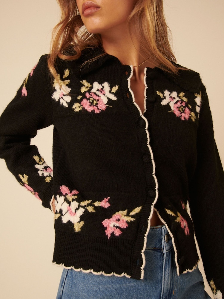 Nobodys Child Black Floral Print Jacquard Collar Cardigan - Image 1 of 4
