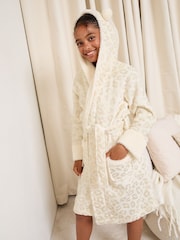Lipsy Cream Leopard Soft Touch Metallic Print Hooded Robe (5-16yrs) - Image 3 of 5