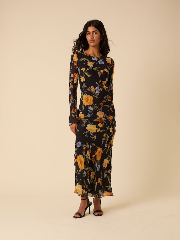 Nobodys Child Black Floral Print Clarissa Midi Dress - Image 1 of 4 Nobodys Child Black Floral Print Clarissa Midi Dress - Image 1 of 4