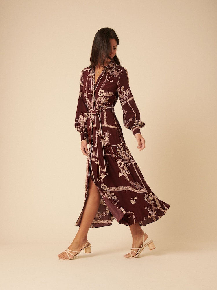 Nobodys Child Red Large Floral Print Brooklyn Shirt Midi Dress - Image 1 of 4 Nobodys Child Red Large Floral Print Brooklyn Shirt Midi Dress - Image 1 of 4