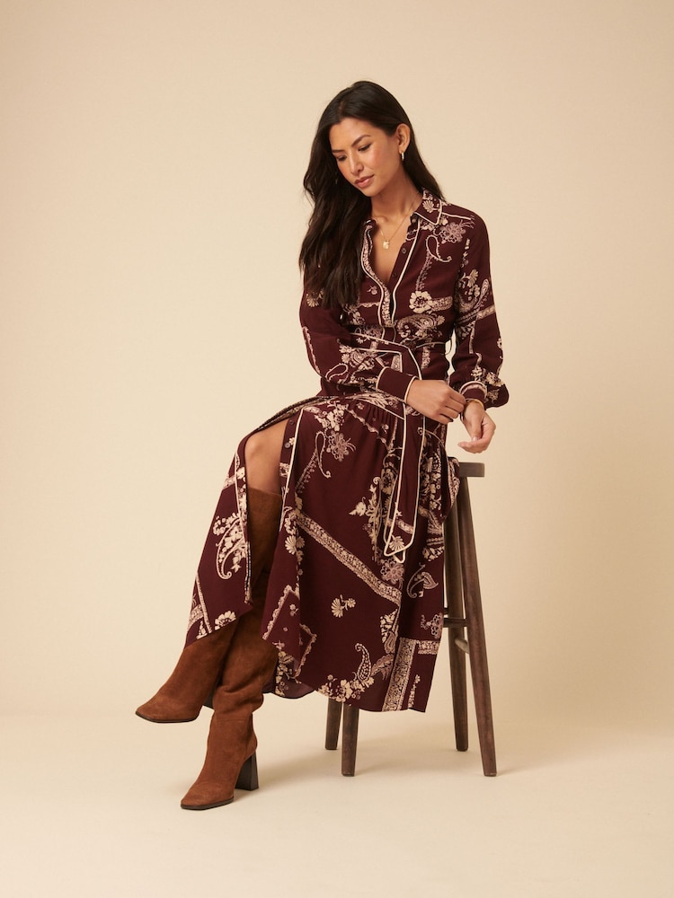 Nobodys Child Red Large Floral Print Brooklyn Shirt Midi Dress - Image 2 of 4 Nobodys Child Red Large Floral Print Brooklyn Shirt Midi Dress - Image 2 of 4
