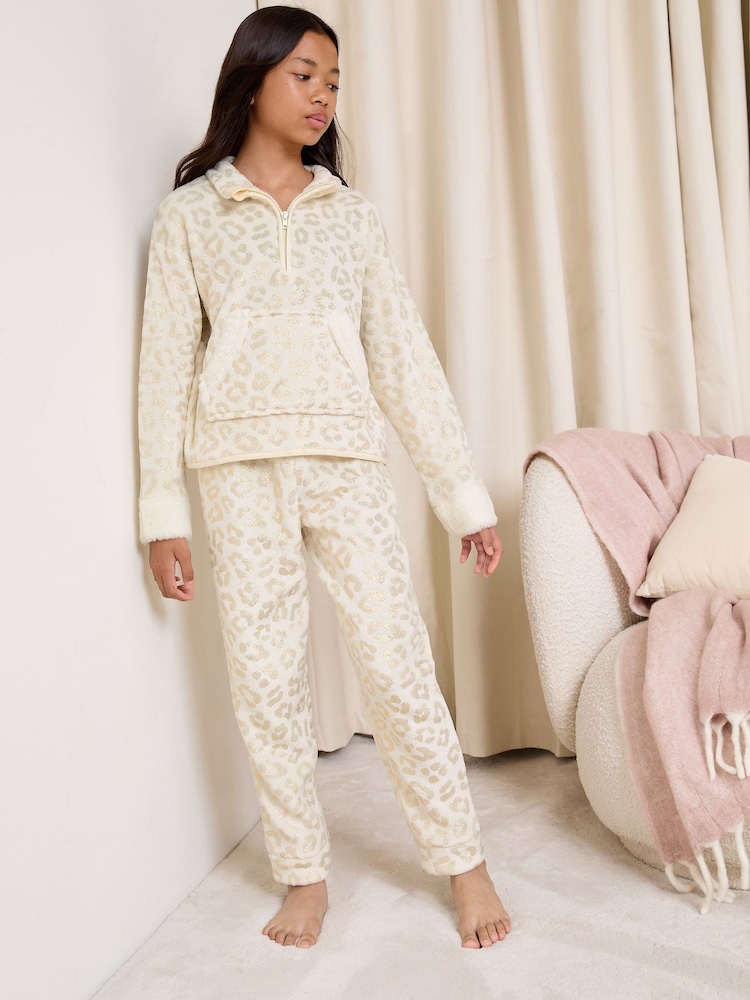 Lipsy Cream Leopard Foil Soft Touch Twosie Pyjamas (5-16yrs) - Image 2 of 4
