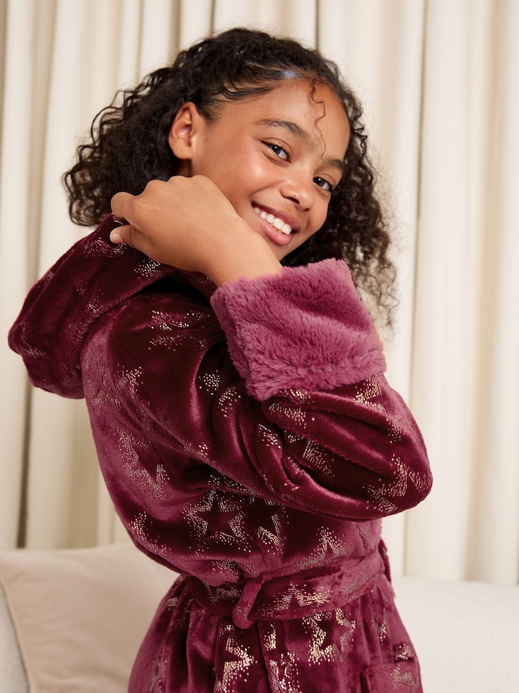 Lipsy Berry Red Soft Touch Foil Print Hooded Dressing Gown (5-16yrs) - Image 2 of 4