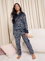 Lipsy Navy Blue Leopard Foil Soft Touch Twosie Pyjamas (5-16yrs) - Image 1 of 5