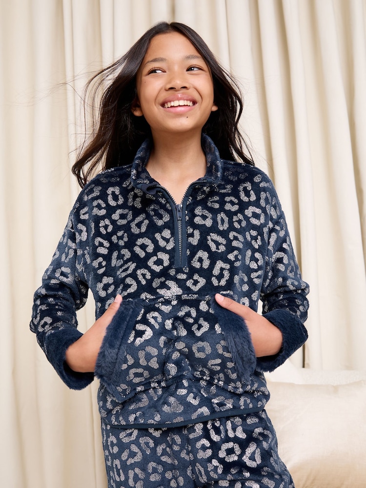 Lipsy Navy Blue Leopard Foil Soft Touch Twosie Pyjamas (5-16yrs) - Image 2 of 5