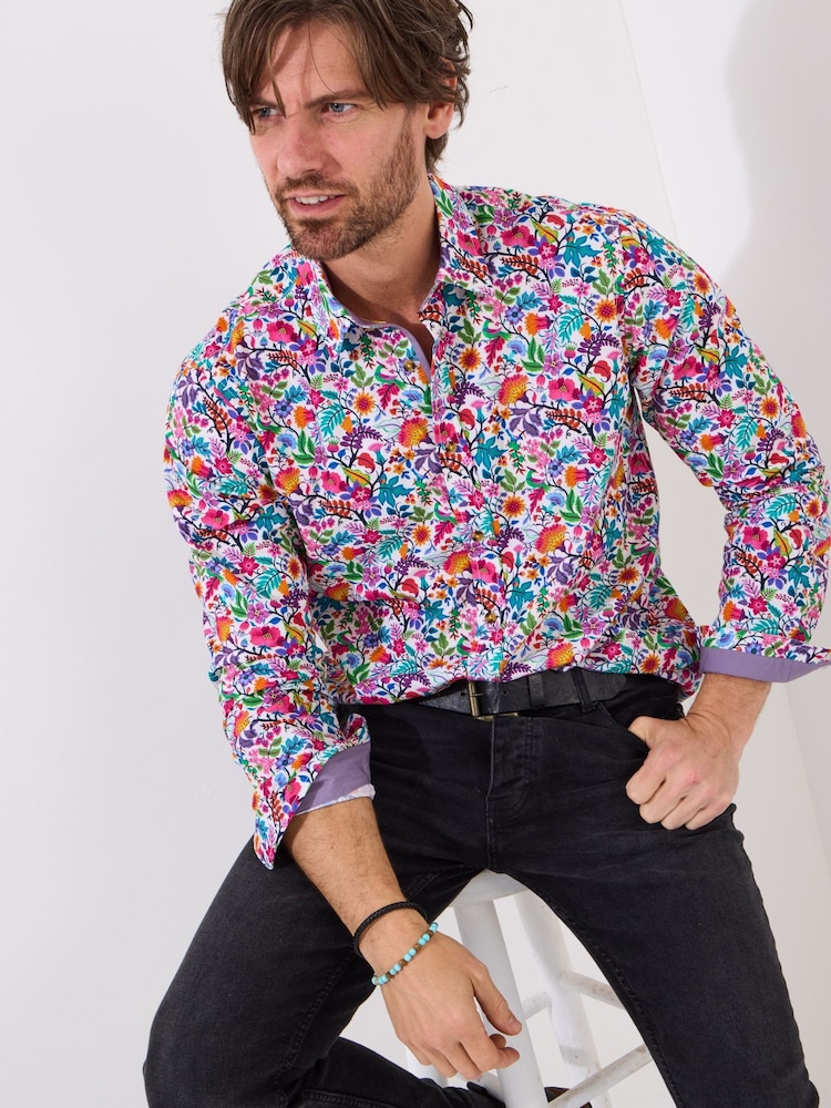 Joe Browns Purple Bright Floral Print Long Sleeve 100% Cotton Shirt - Image 1 of 5