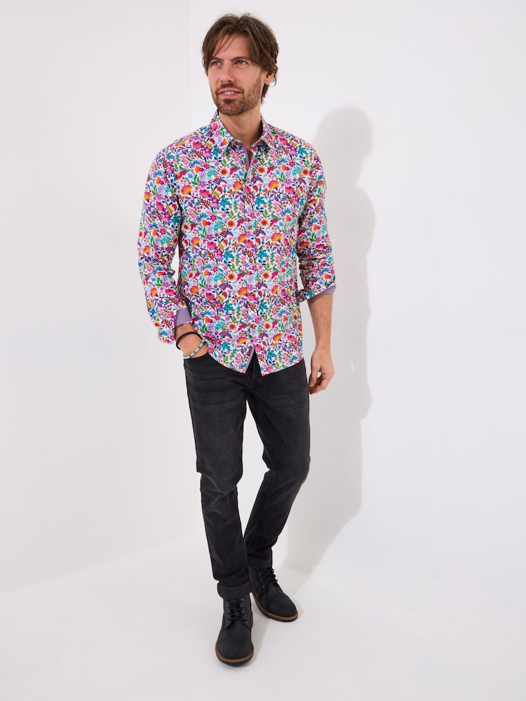 Joe Browns Purple Bright Floral Print Long Sleeve 100% Cotton Shirt - Image 2 of 5