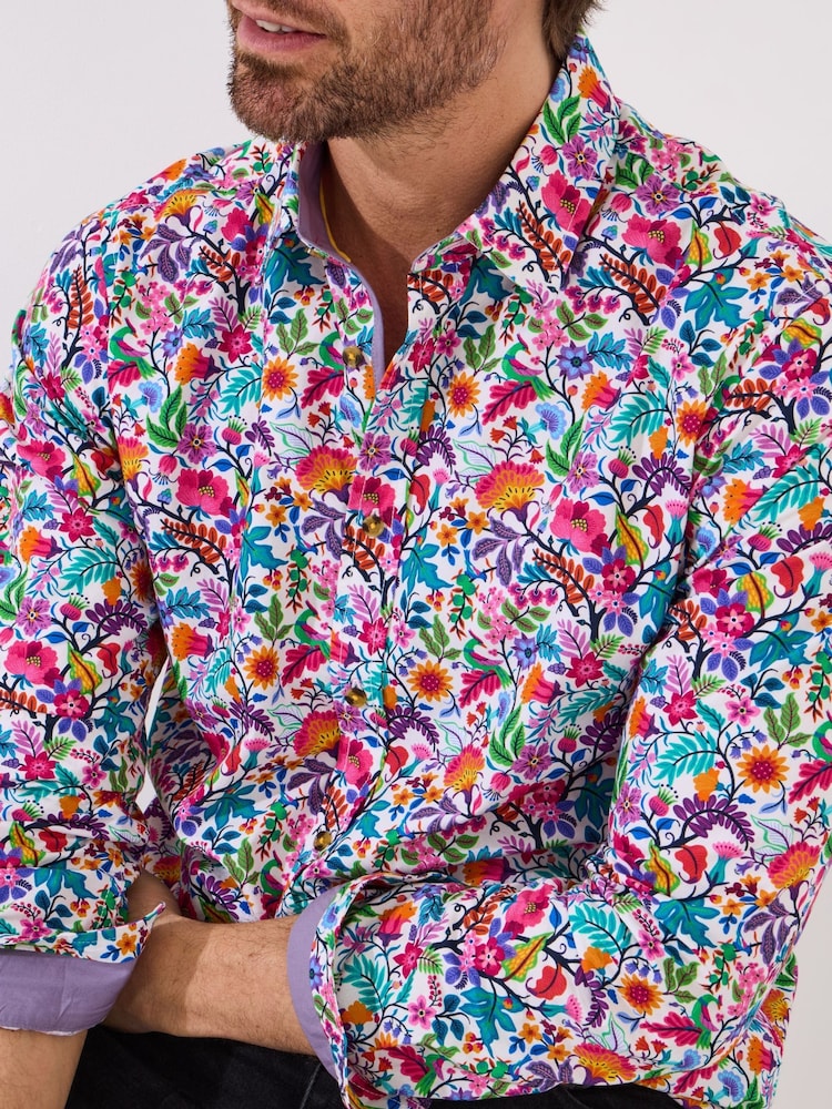 Joe Browns Purple Bright Floral Print Long Sleeve 100% Cotton Shirt - Image 3 of 5