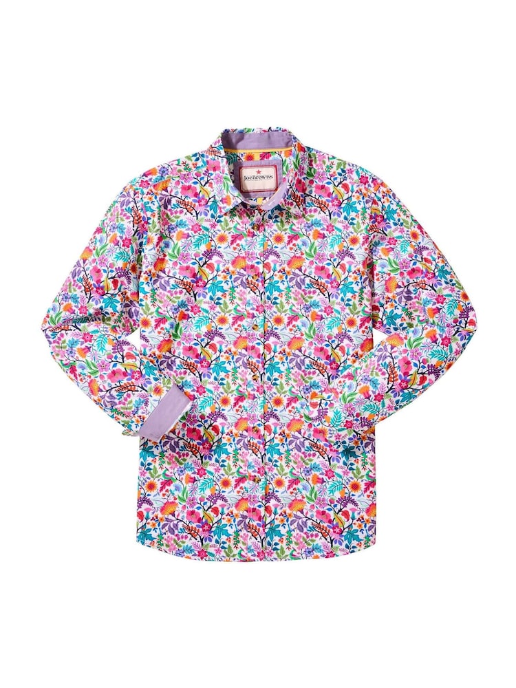 Joe Browns Purple Bright Floral Print Long Sleeve 100% Cotton Shirt - Image 5 of 5