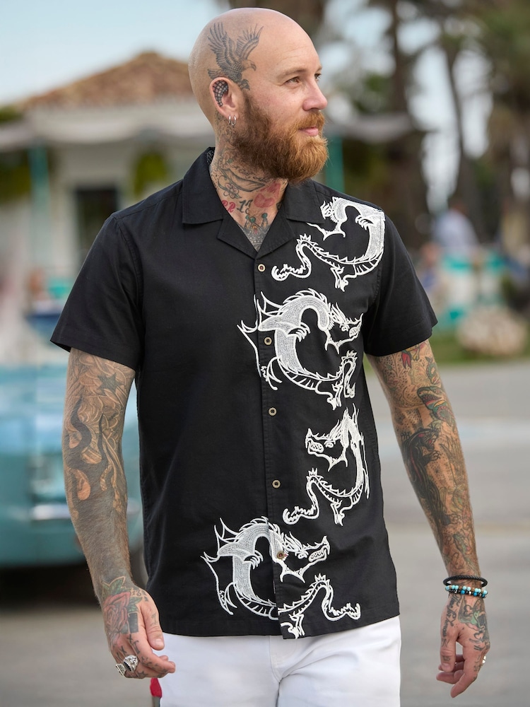 Joe Browns Black Embroidered Dragon Short Sleeve 100% Cotton Shirt - Image 1 of 7