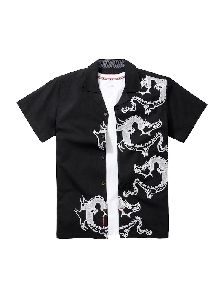 Joe Browns Black Embroidered Dragon Short Sleeve 100% Cotton Shirt - Image 7 of 7