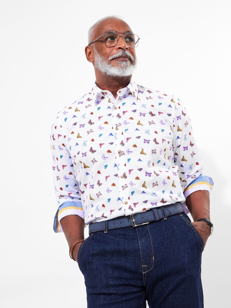 Joe Browns White Butterfly Print Contrast 100% Cotton Trim Shirt - Image 1 of 5 Joe Browns White Butterfly Print Contrast 100% Cotton Trim Shirt - Image 1 of 5