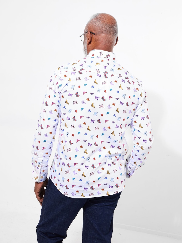 Joe Browns White Butterfly Print Contrast 100% Cotton Trim Shirt - Image 2 of 5 Joe Browns White Butterfly Print Contrast 100% Cotton Trim Shirt - Image 2 of 5