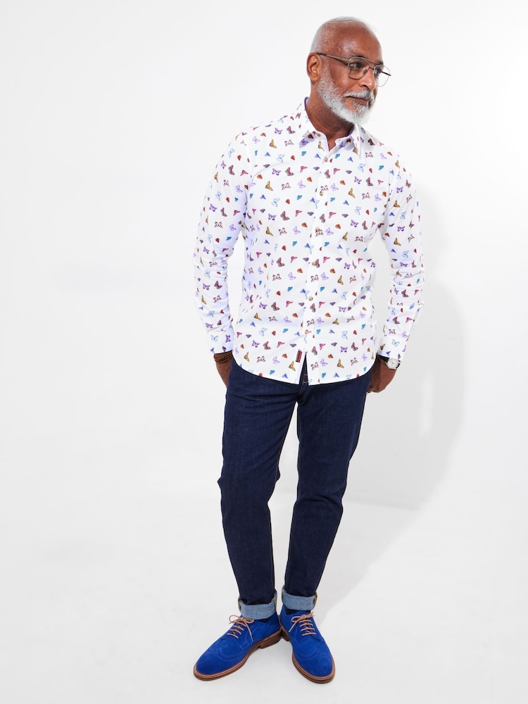 Joe Browns White Butterfly Print Contrast 100% Cotton Trim Shirt - Image 3 of 5