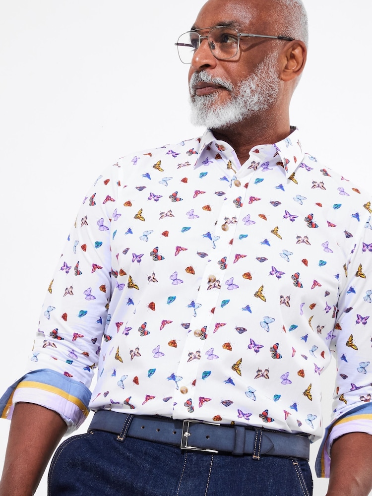 Joe Browns White Butterfly Print Contrast 100% Cotton Trim Shirt - Image 4 of 5