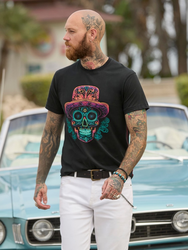 Joe Browns Black Candy Skull Neon 100% Cotton T-Shirt - Image 1 of 7 Joe Browns Black Candy Skull Neon 100% Cotton T-Shirt - Image 1 of 7