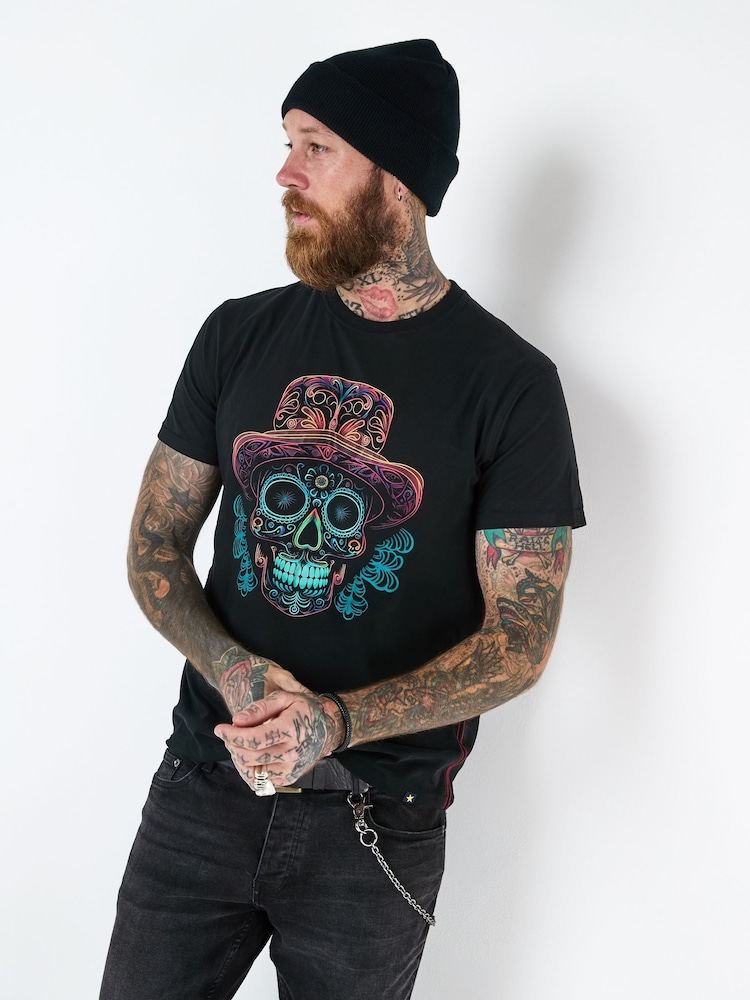 Joe Browns Black Candy Skull Neon 100% Cotton T-Shirt - Image 2 of 7 Joe Browns Black Candy Skull Neon 100% Cotton T-Shirt - Image 2 of 7