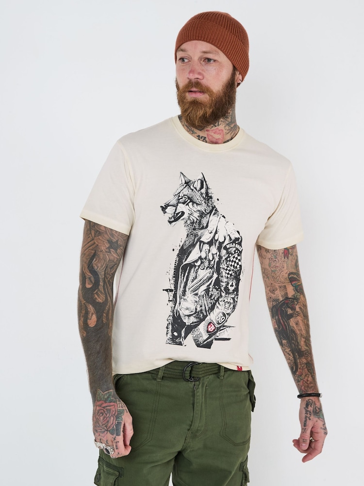 Joe Browns Natural Biker Wolf Graphic Print 100% Cotton T-Shirt - Image 1 of 5
