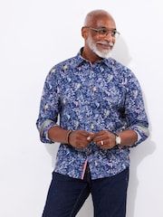 Joe Browns Blue Botanical Bird Print Long Sleeve 100% Cotton Shirt - Image 1 of 5