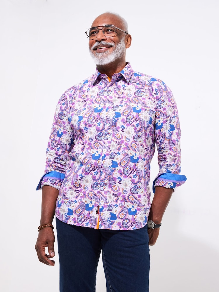 Joe Browns Purple Floral Paisley Long Sleeve 100% Cotton Shirt - Image 1 of 5