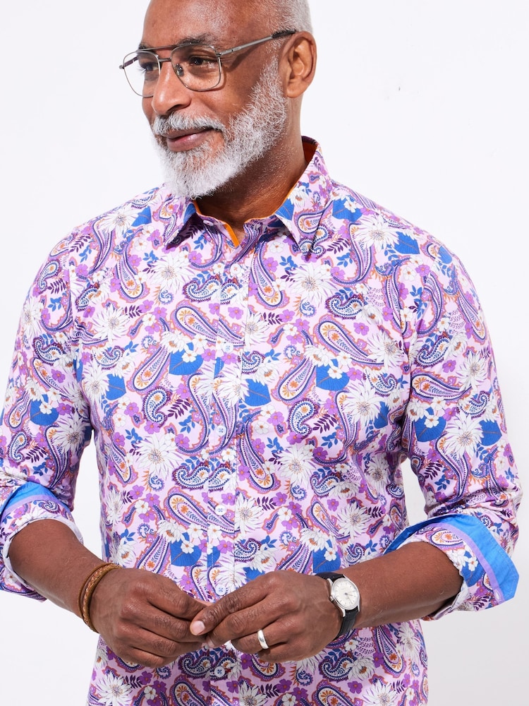 Joe Browns Purple Floral Paisley Long Sleeve 100% Cotton Shirt - Image 3 of 5
